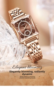 Detail of a luxury rose gold square watch with a brown sunray dial and crystal accents