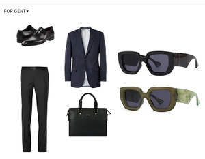 Flat lay of modern oversized sunglasses paired with a business suit and leather briefcase