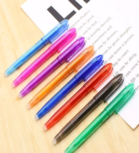 Set of 8 colorful erasable pens with transparent barrels on a white paper background