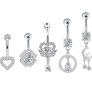 Anneaux de Nombril en Acier Inoxydable Strass Cœur Lune Étoile Bijoux de Piercing pour Femmes Décoration Corporelle