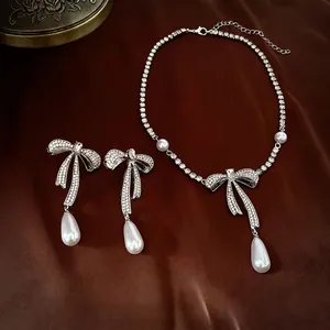 Bowknot Artificial Pearl Earrings And Necklace Rhinestone Waterdrop Alloy Jewelry With 925 Sterling Silver Earring Post For Women Elegant