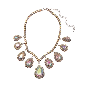 Elegant silver-tone choker necklace with teardrop AB crystals and rhinestone tassels