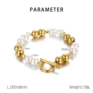 Detail view of 18k gold plated beads and resin pearls with OT toggle clasp and dimensions