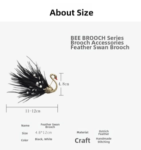 Close-up of golden swan brooch featuring sparkling rhinestones and black ostrich feathers