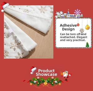 Detail of white plush Christmas tree skirt featuring gold sequin snowflake and velcro closure