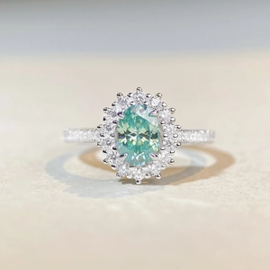 Classic 18K rose gold plated S925 silver ring with oval green moissanite halo
