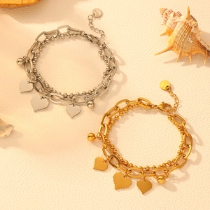 Double-layer stainless steel bracelet with golden heart pendants and bead chain accents