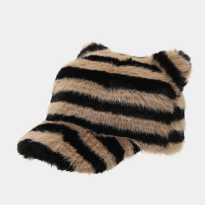 Fuzzy tiger print baseball cap with cute cat ears and warm plush faux fur texture