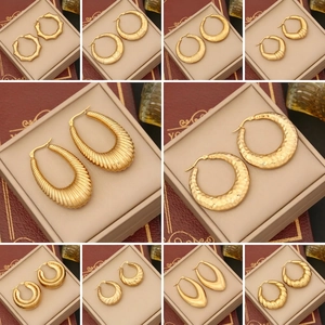 Stainless Steel Geometric Hoop Earrings Gold Plated Textured Chunky Round Circle Studs Fashion Jewelry For Women