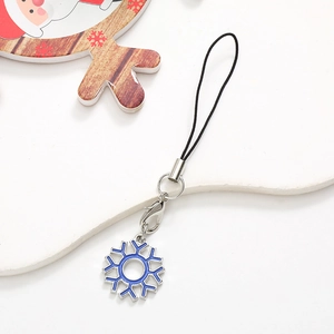 Detail of blue enamel snowflake charm with black lanyard and metallic lobster clasp