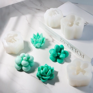Detailed macro of 4 succulent silicone molds with green wax succulent samples on marble