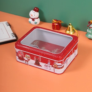 Christmas tin box with window featuring Santa Claus and snowman for cookies and gifts