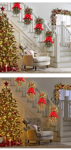 Detail of Christmas stair swag with red bows and warm LED lights in day and night views