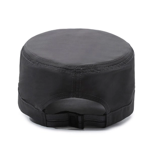 Back view of dark grey flat top sun hat featuring an adjustable buckle strap for outdoor use