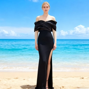 Satin Off-Shoulder Evening Gown Sexy High Slit Ruched Pleated Slim Fit Party Banquet Wedding Dress For Women