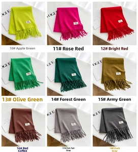 Collage of thick tassel scarves in various vibrant colors with fashion brand labels
