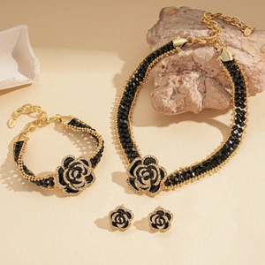 Vintage Black Rose Flower Jewelry Copper Rhinestone Crystal Choker Necklace Earrings Bracelet Gothic Elegant Jewelry For Women