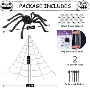 Giant 60in plush spider and 16ft glowing web set with small spiders and hooks