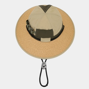 Quick-dry patchwork sun hat with wide straw brim and adjustable chin strap for outdoors