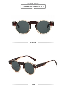 Detail view showing champagne brown and black round vintage sunglasses from front and side