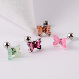Colorful butterfly stud earrings set in green, pink, and orange with stainless steel posts
