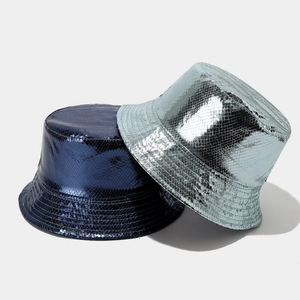 Laser PU bucket hat with snake skin texture in metallic navy and silver blue