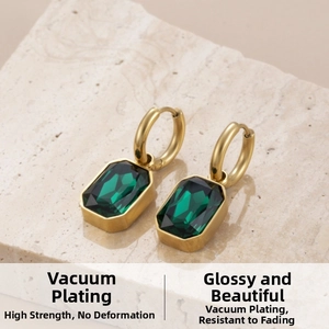 Detail view of gold earrings with green square zircon featuring vacuum plating finish