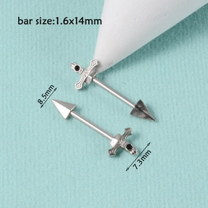 Detailed view of silver arrow and sword nipple rings with 1.6x14mm bar size measurements