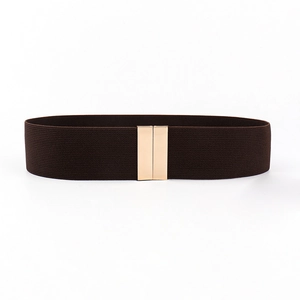 Close-up of brown elastic belt with golden double-buckle on white background
