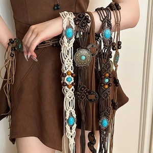 Bohemian woven waist chain with turquoise and acrylic beads on cotton rope belt