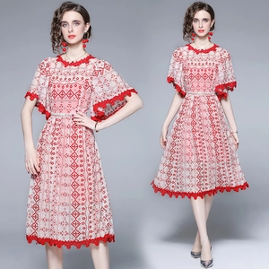 Elegant Damen Rot Weiß Blumenmuster Spitze Midi Kleid Oberteil und Unterteil Ausgestellte Ärmel Rundhals A-Linien-Kleid