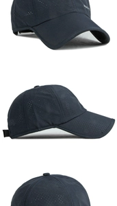 Vue sous trois angles d'une casquette de sport marine avec trous d'aération laser