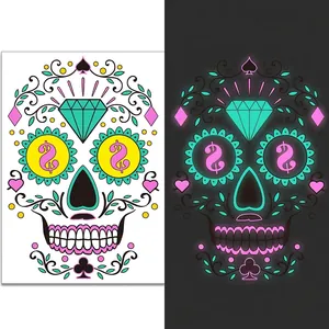 Luminous Halloween sugar skull facial tattoo stickers with neon glow effect details