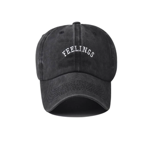 Classic black washed cotton baseball cap with white Feelings letter embroidery