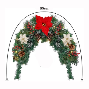 Christmas garland decoration with pine cones and red poinsettia flowers, 95cm wide