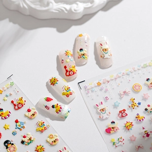 5D Relief Nail Art Stickers 3D Embossed Cute Cartoon Animal Rabbit Bear Duck Star Strawberry Adhesive Manicure Decals DIY
