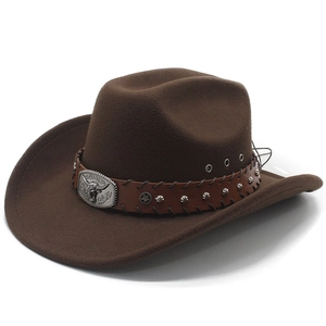 Vintage Western Cowboy Hat Cotton Polyester Woolen Felt Wide Brim Fedora With Bull Head Metal Buckle Rivet Leather Band For Men Women