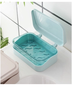 Blue double-layer drainage soap box with transparent lid for bathroom storage