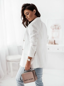 Detailed shot of a white double-breasted blazer for women with classic lapels and flap pockets