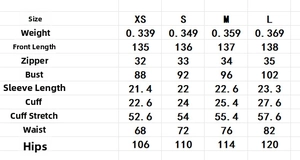 Detailed size chart for French polka dot dress showing XS to L measurements and weights
