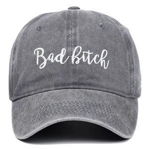 Distressed dark grey washed cotton baseball cap with white script embroidery on front