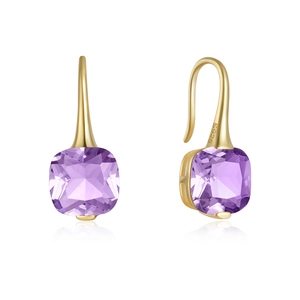 Close-up of S925 sterling silver earrings featuring square purple zircon and gold plating