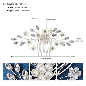Detailed view of silver wedding hair comb with rhinestones and pearls showing 12cm width
