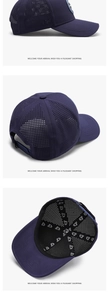 Detail view of navy blue waterproof mesh baseball cap with logo interior stitching
