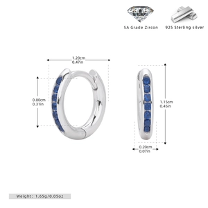 Detailed size measurement of S925 sterling silver hoop earrings with blue zircon stones