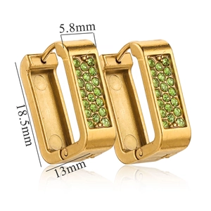 Detailed view of gold square U-shaped earrings with green pave crystals, dimensions 18.5mm