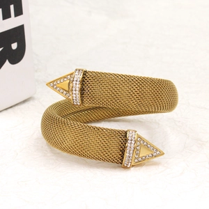 Elegant gold mesh spiral bracelet with crystal studded triangular ends for women