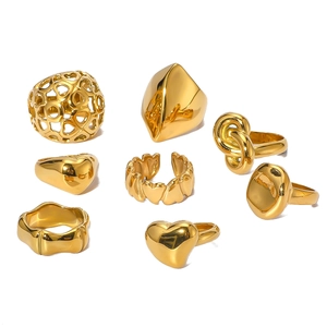 Set of gold hollow geometric and heart shaped stainless steel rings for women