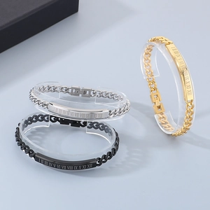 Detailed view of stainless steel Roman numeral bracelets in gold, silver, and black finishes