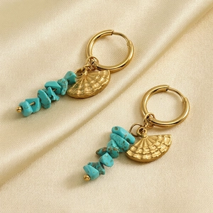 Bohemian Fan Shaped Charm Hoop Earrings Stainless Steel 18K Gold Plated Blue Turquoise Stone Dangle Jewelry For Women